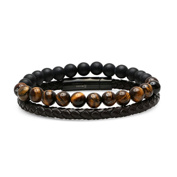 ROBUST Men's Set of 2 Brown Leather Braided Bracelet And Black Lava And Tiger Eye Beaded Bracelet 8 inch