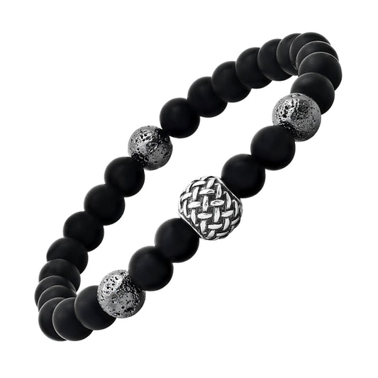 ROBUST Men's Black Lava Bead Stainless Steel Black IP Plated Stretch Bracelet