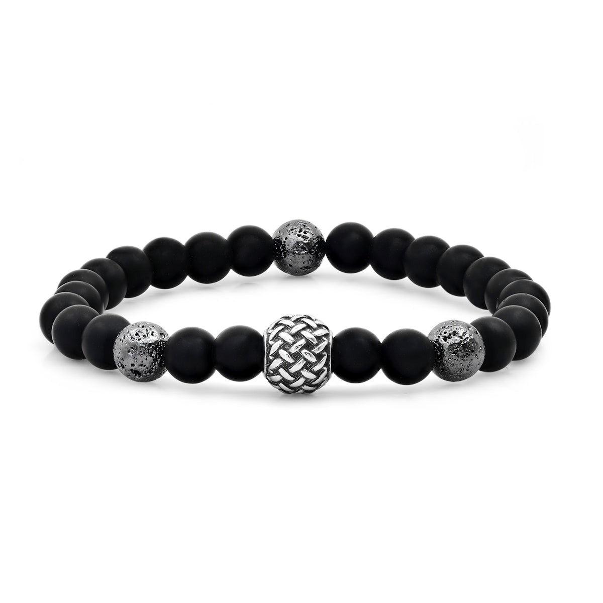 ROBUST Men's Black Lava Bead Stainless Steel Black IP Plated Stretch Bracelet
