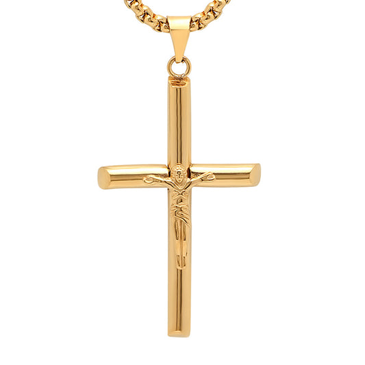 ROBUST 18k Gold IP Stainless Steel Crucifix Pendant Necklace with 20 inch Round Box Chain