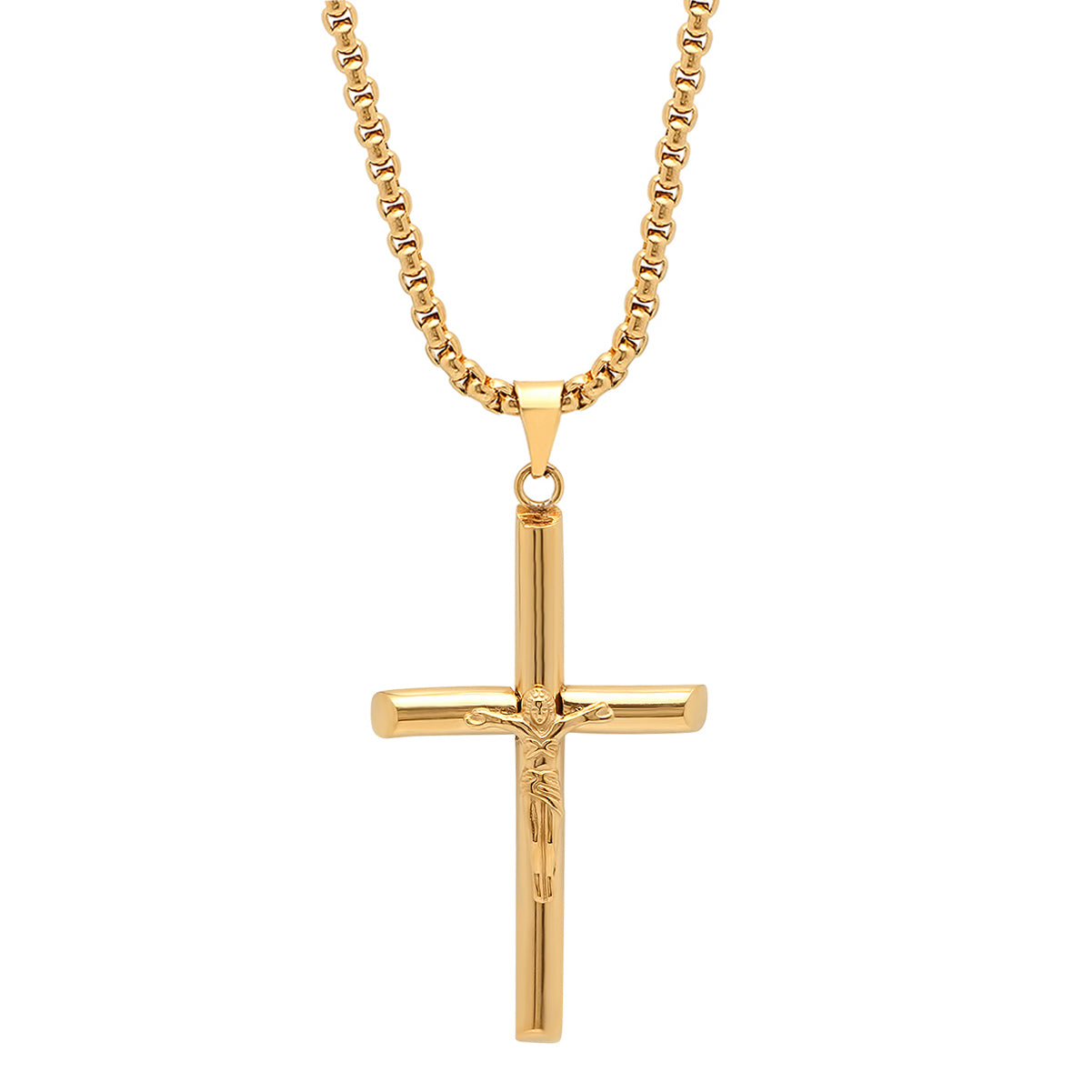 ROBUST 18k Gold IP Stainless Steel Crucifix Pendant Necklace with 20 inch Round Box Chain