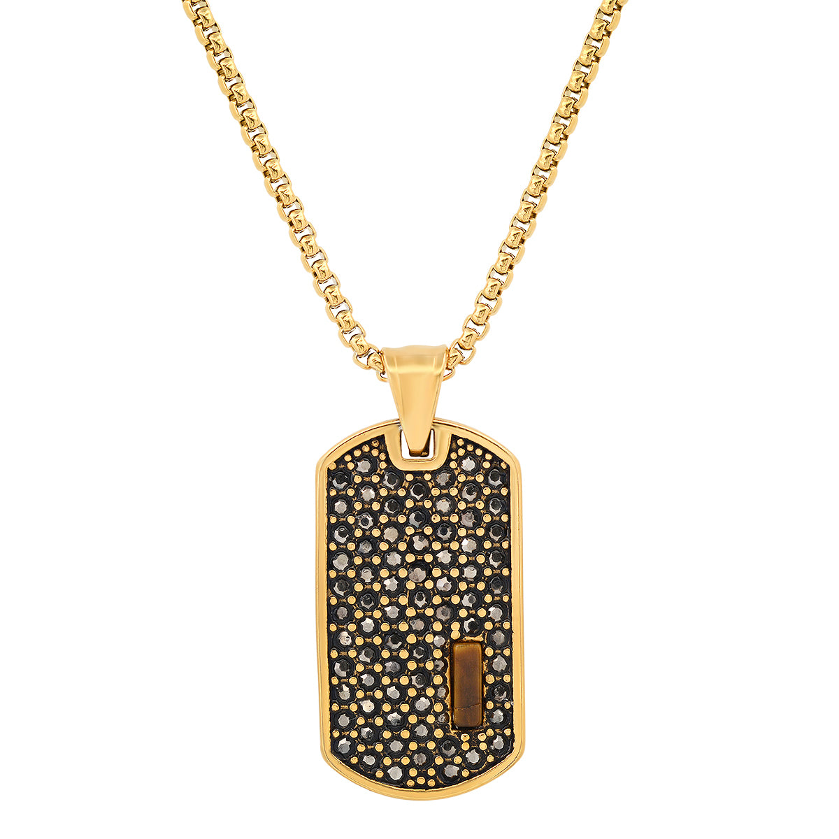 ROBUST Mens 18K Gold IP Stainless Steel Cubic Zirconia and Tigers Eye Dog Tag Pendant necklace 20 Inch Round Box Chain