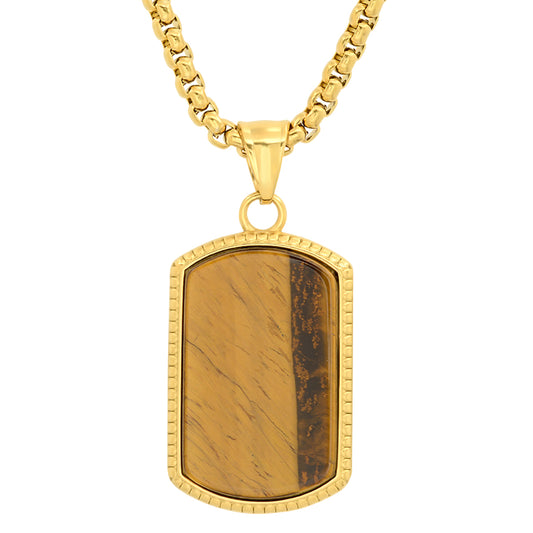 ROBUST Mens 18K Gold IP Stainless Steel and Tigers Eye Dog Pendant Necklace with 20 inch Round Box Chain