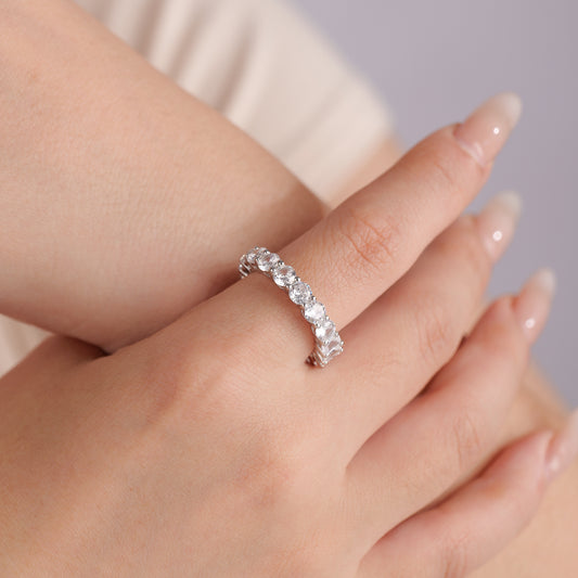 Half and Half Eternity Band Ring in Sterling Silver and Sparkling Oval and Princess CZ