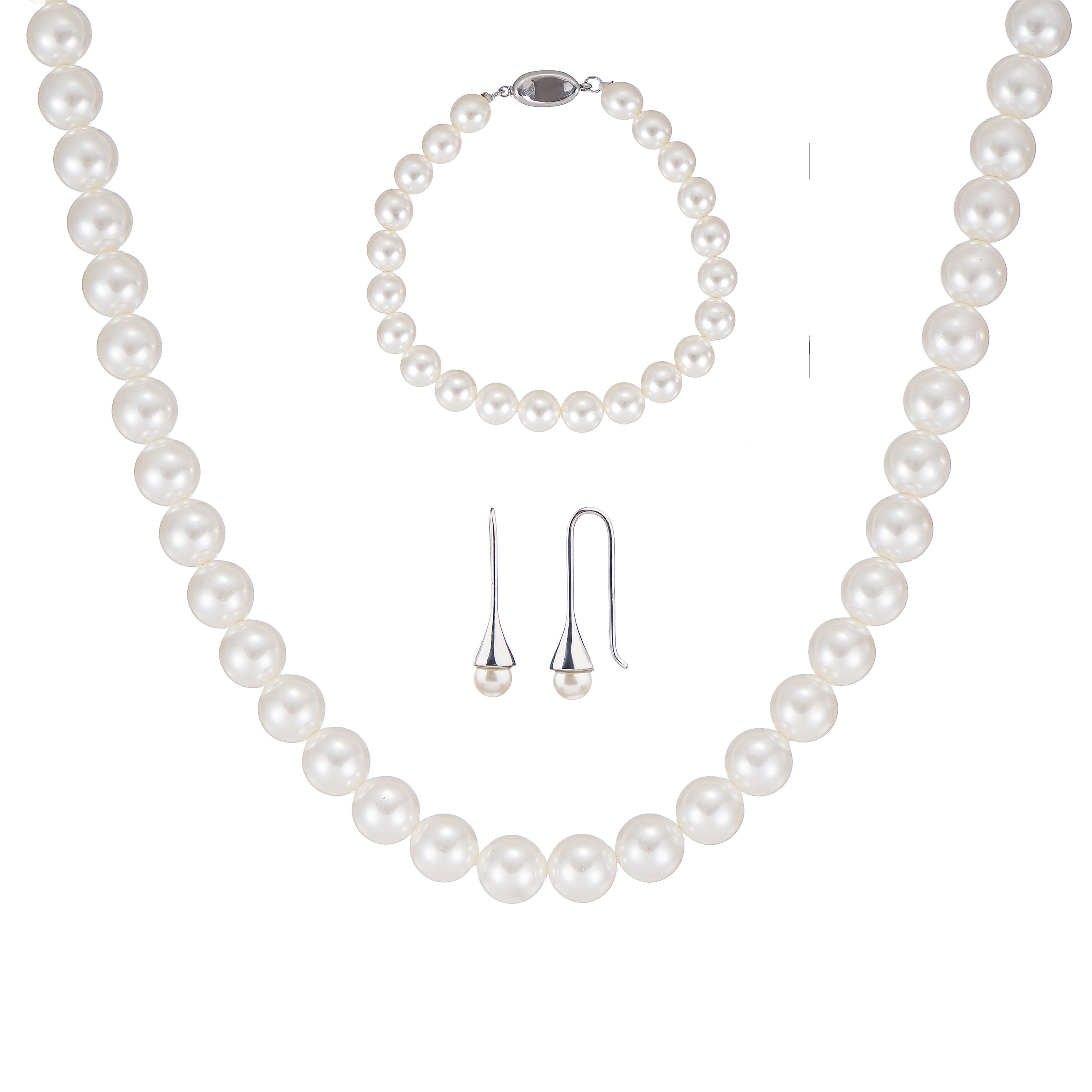 Classic 6mm Round White Shell Pearl Set Necklace 18inch, Bracelet 7inch and Earrings with Steel Lock