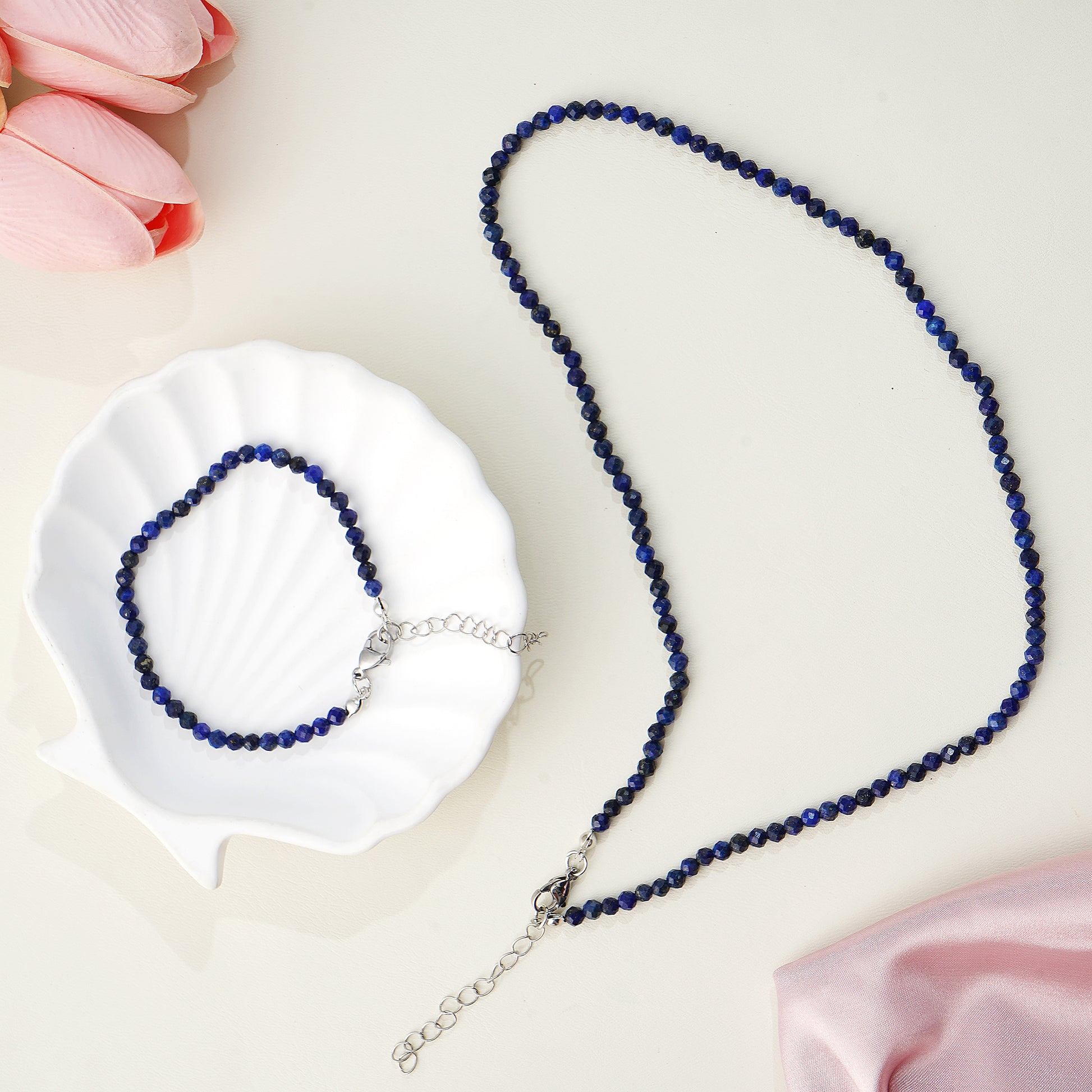 6mm diamond-cut natural lapis lazuli gemstone bead bracelet with gold-flecked pyrite