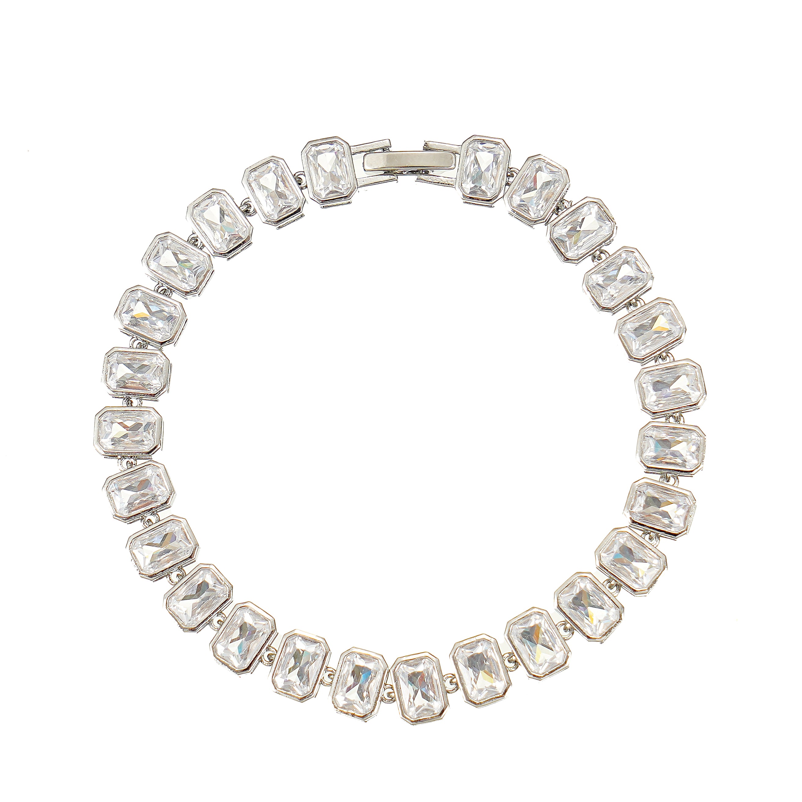 7-inch emerald-cut bezel-set tennis bracelet in silver plated brass with clear CZ stones