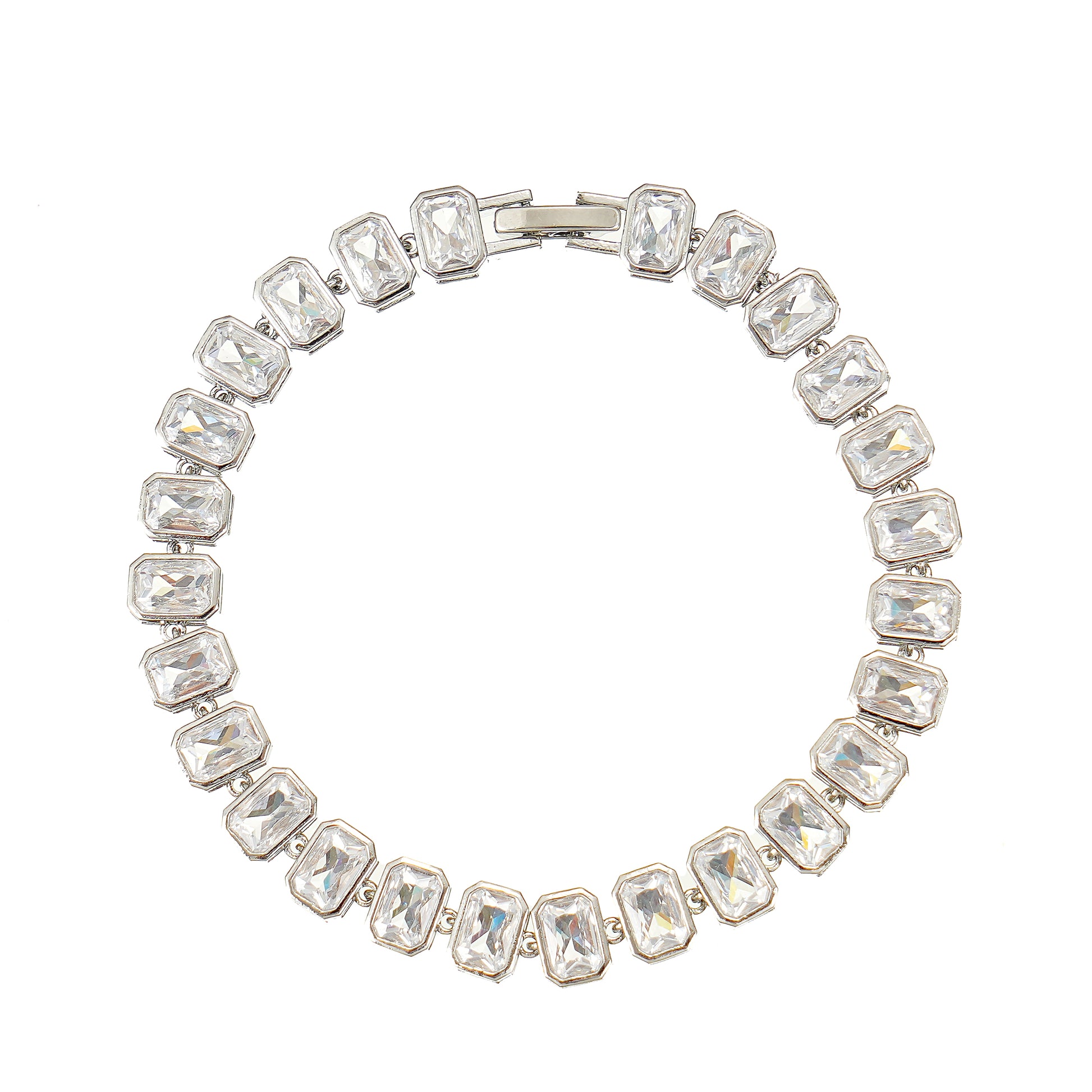7-inch emerald-cut bezel-set tennis bracelet in silver plated brass with clear CZ stones