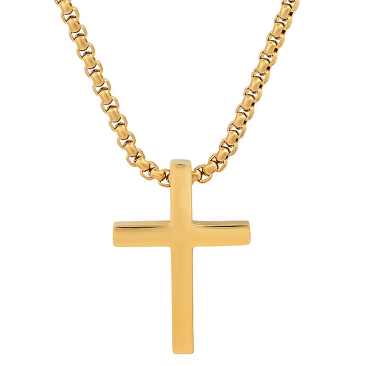 ROBUST Mens 18K Gold IP Stainless Steel Cross Pendant Necklace with 20 inch Round Box Chain