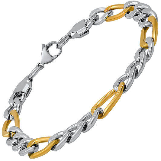 ROBUST Mens 18K Gold IP Plated Two Tone Stainless Steel Figaro Chain bracelet 8 inch