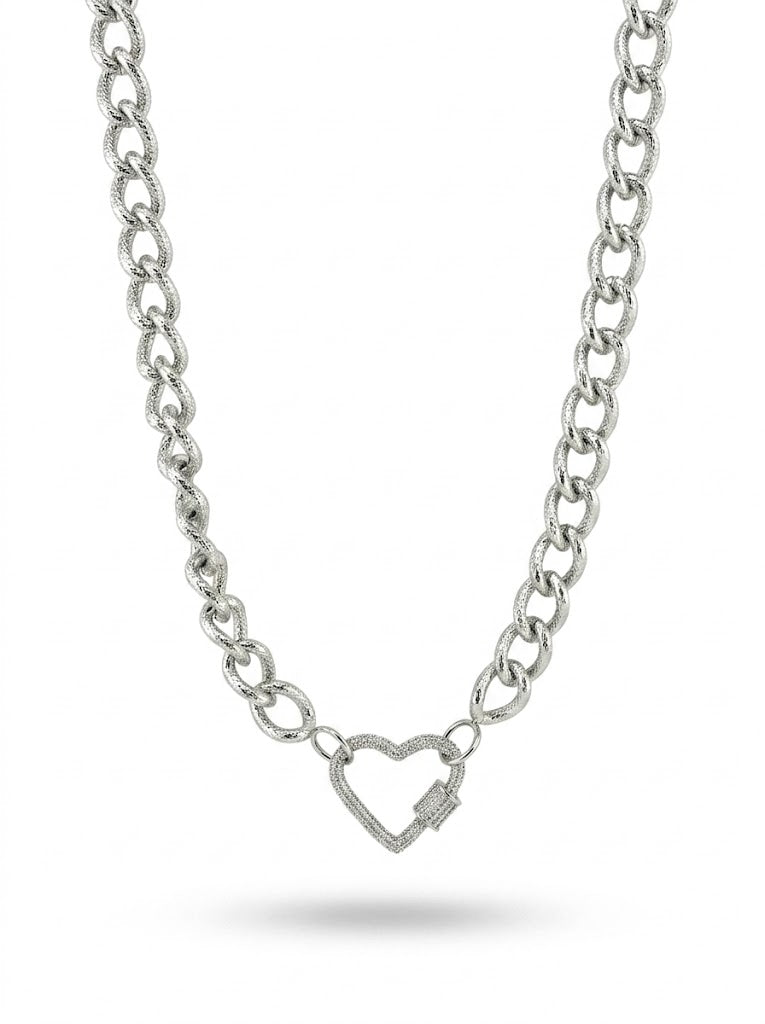 Diamond Pave Heart Carabiner Charm Necklace -silver