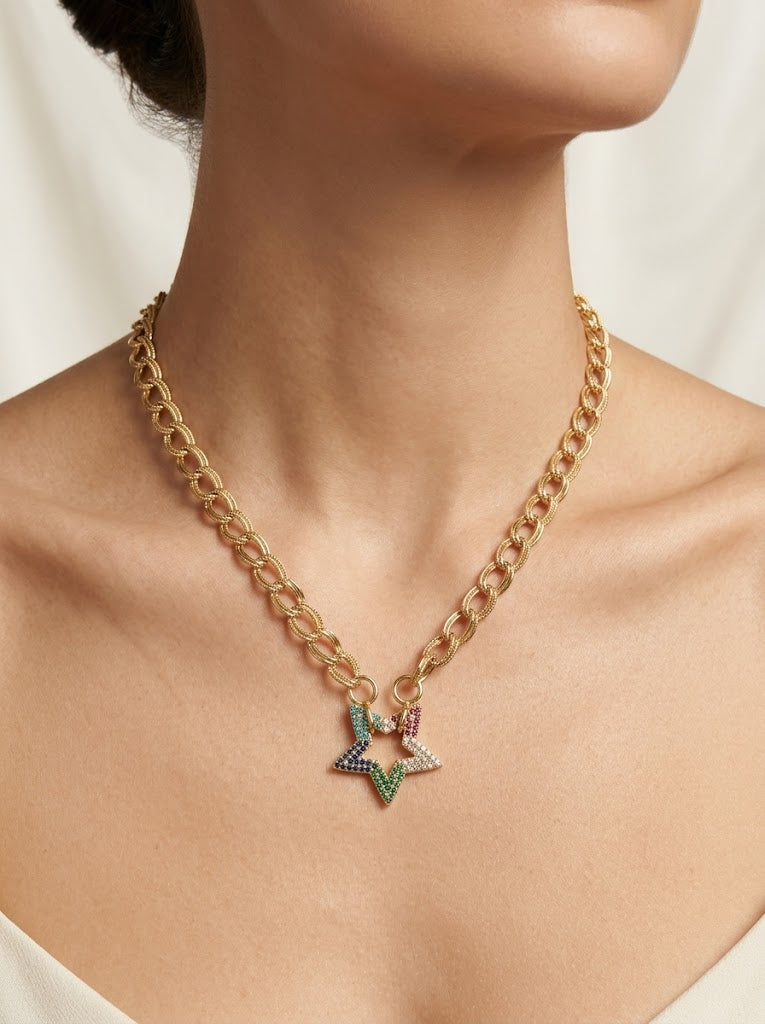 Multi-Color CZ Star Carabiner Charm Necklace