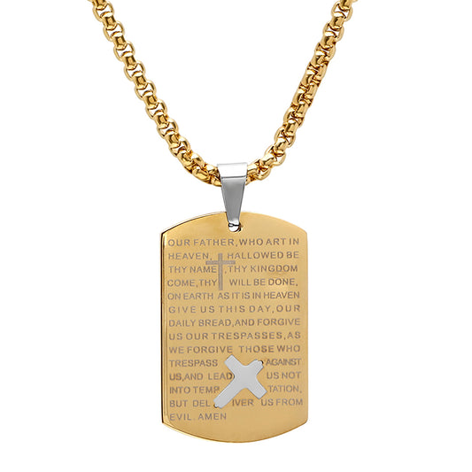 ROBUST Mens 18k Gold IP Stainless Steel Our Father Prayer Dog Tag Pendant Necklace with 20 inch Round Box Chain