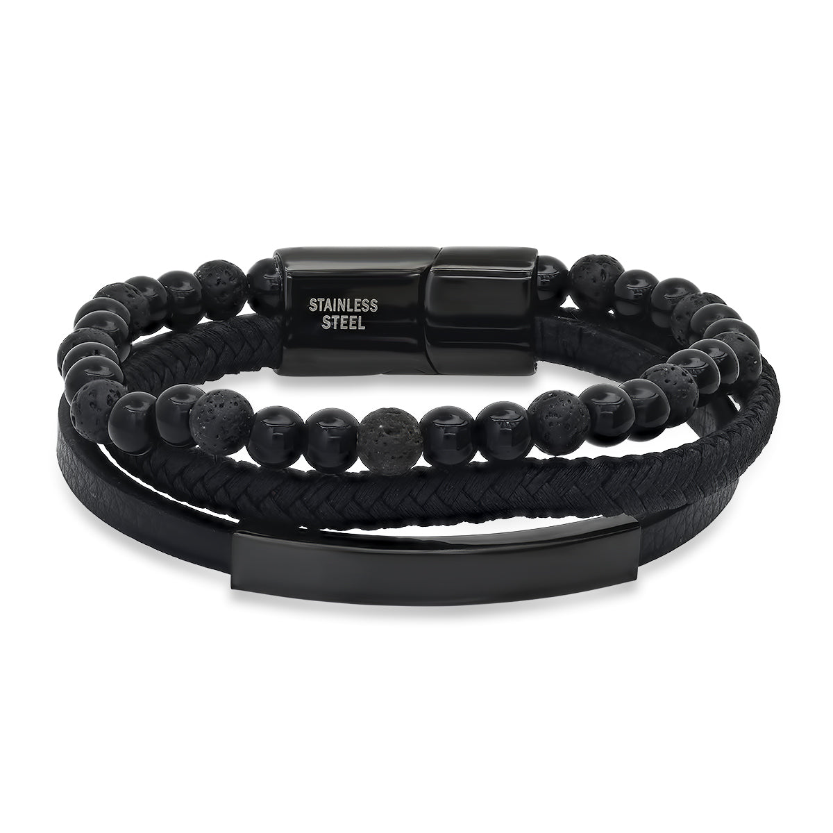 ROBUST Men's Black Layered Leather Black Ion Plated Stainless Steel and Lava Beads Bracelet Magnetic Lock 8 inch