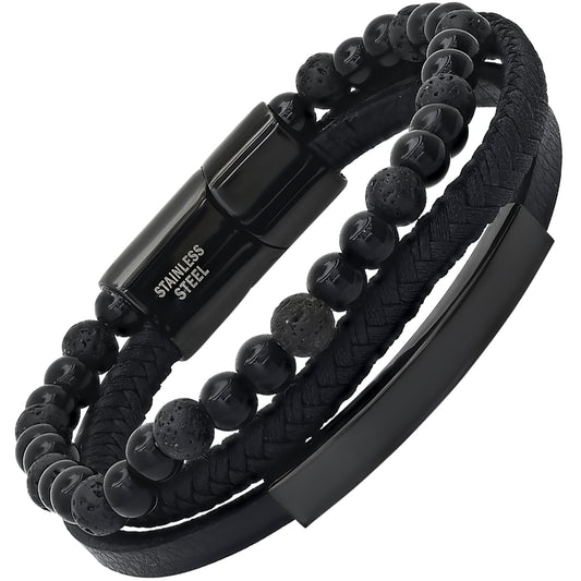 ROBUST Men's Black Layered Leather Black Ion Plated Stainless Steel and Lava Beads Bracelet Magnetic Lock 8 inch