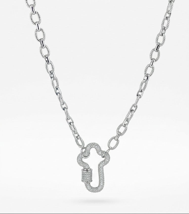 Diamond Pave Cross Carabiner Charm Necklace