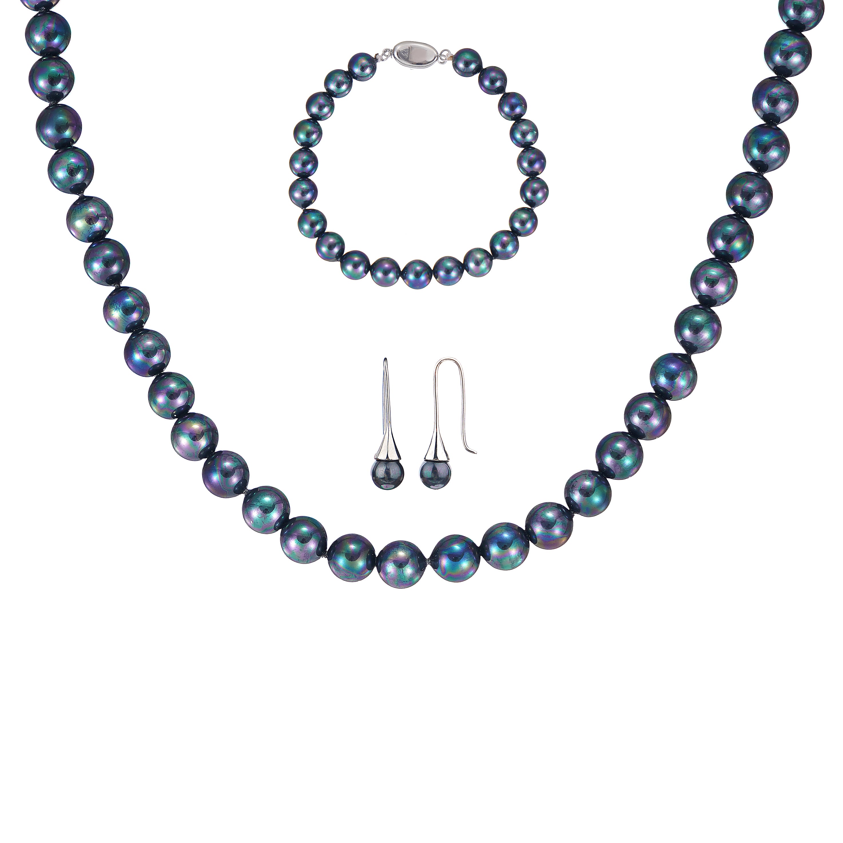 Classic 8mm Round Peacock Shell Pearl Set Necklace 18inch, Bracelet 7inch and Earrings with Steel Lock