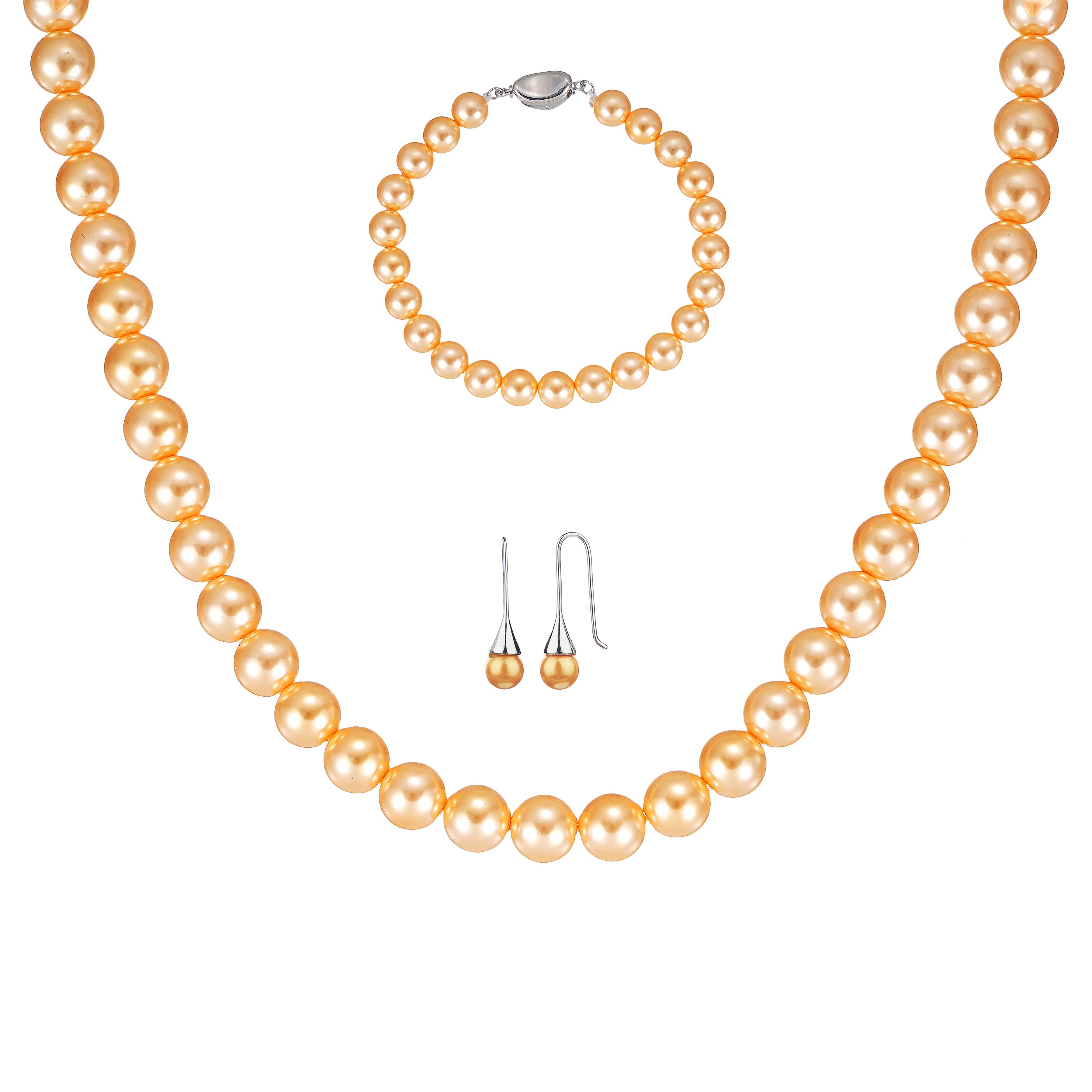 Classic 8mm Round Golden Shell Pearl Set Necklace 18inch, Bracelet 7inch and Earrings with Steel Lock