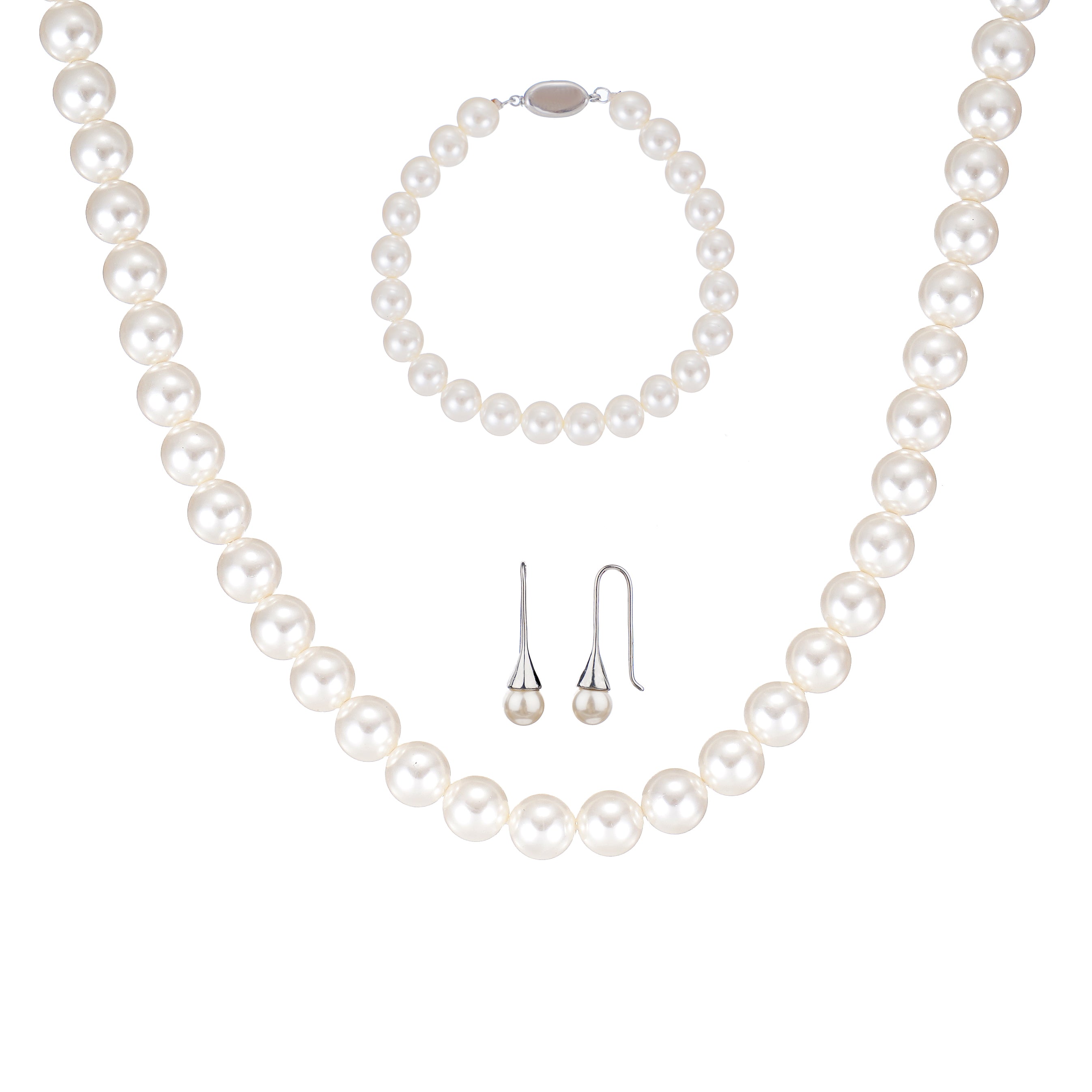 Classic 8mm Round White Shell Pearl Set Necklace 18inch, Bracelet 7inch and Earrings with Steel Lock
