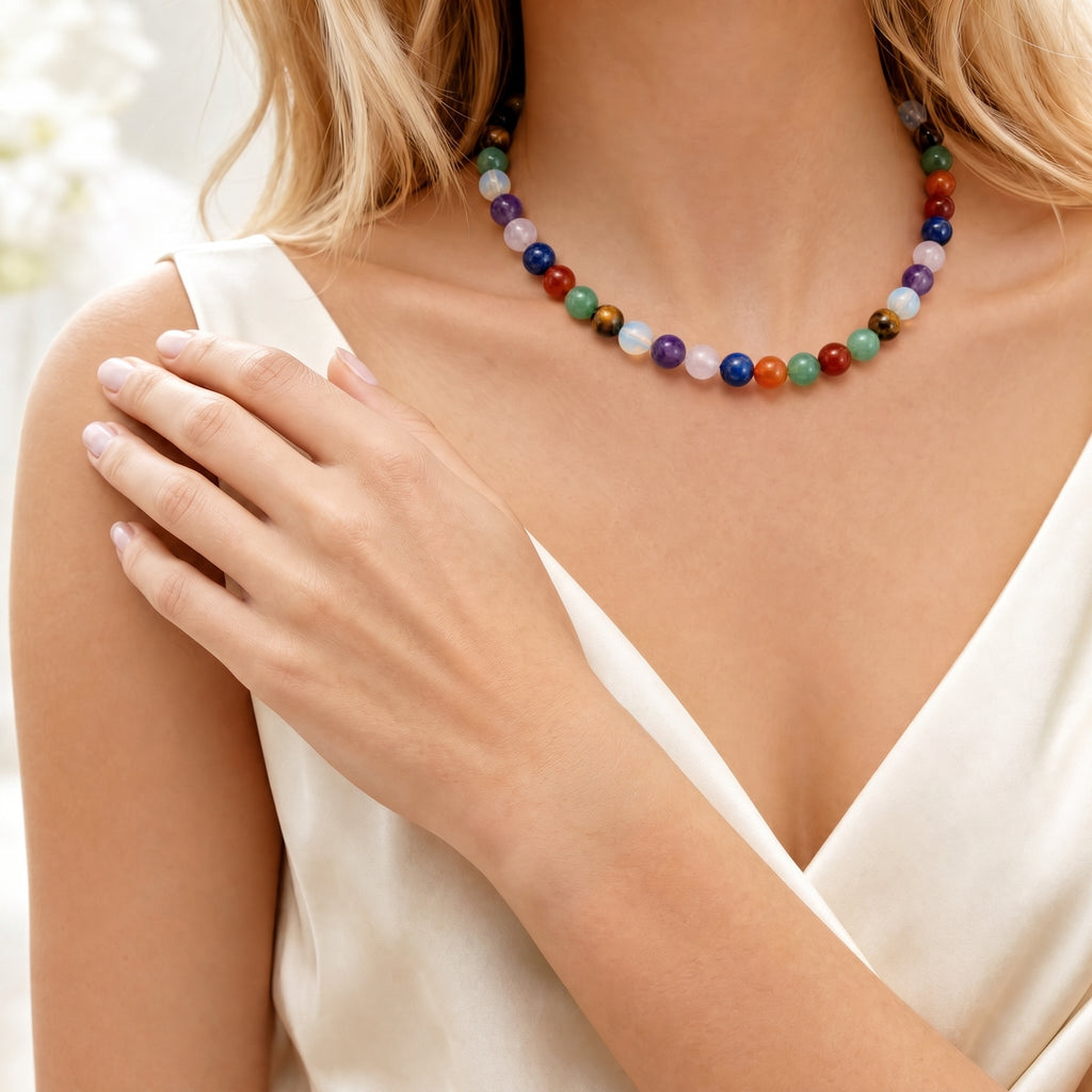 Natural Gemstone Beaded Necklace — 8mm Crystal Bead Necklace for Women & Men | 6 Stone Variants