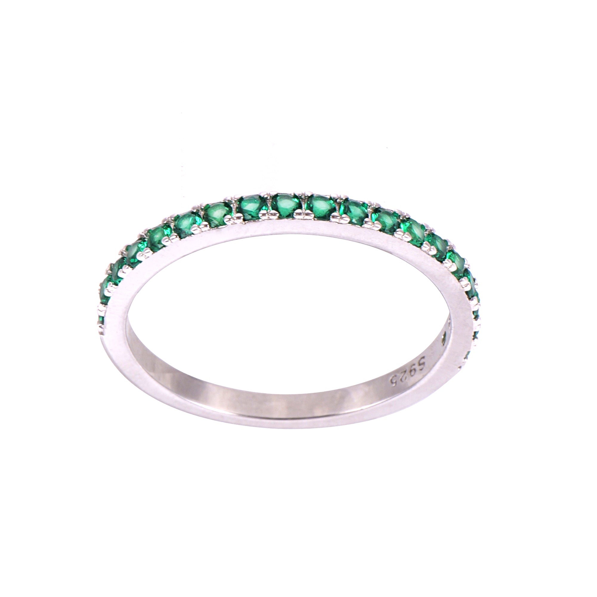 925 sterling silver band ring featuring a row of vibrant emerald-green cubic zirconia stone