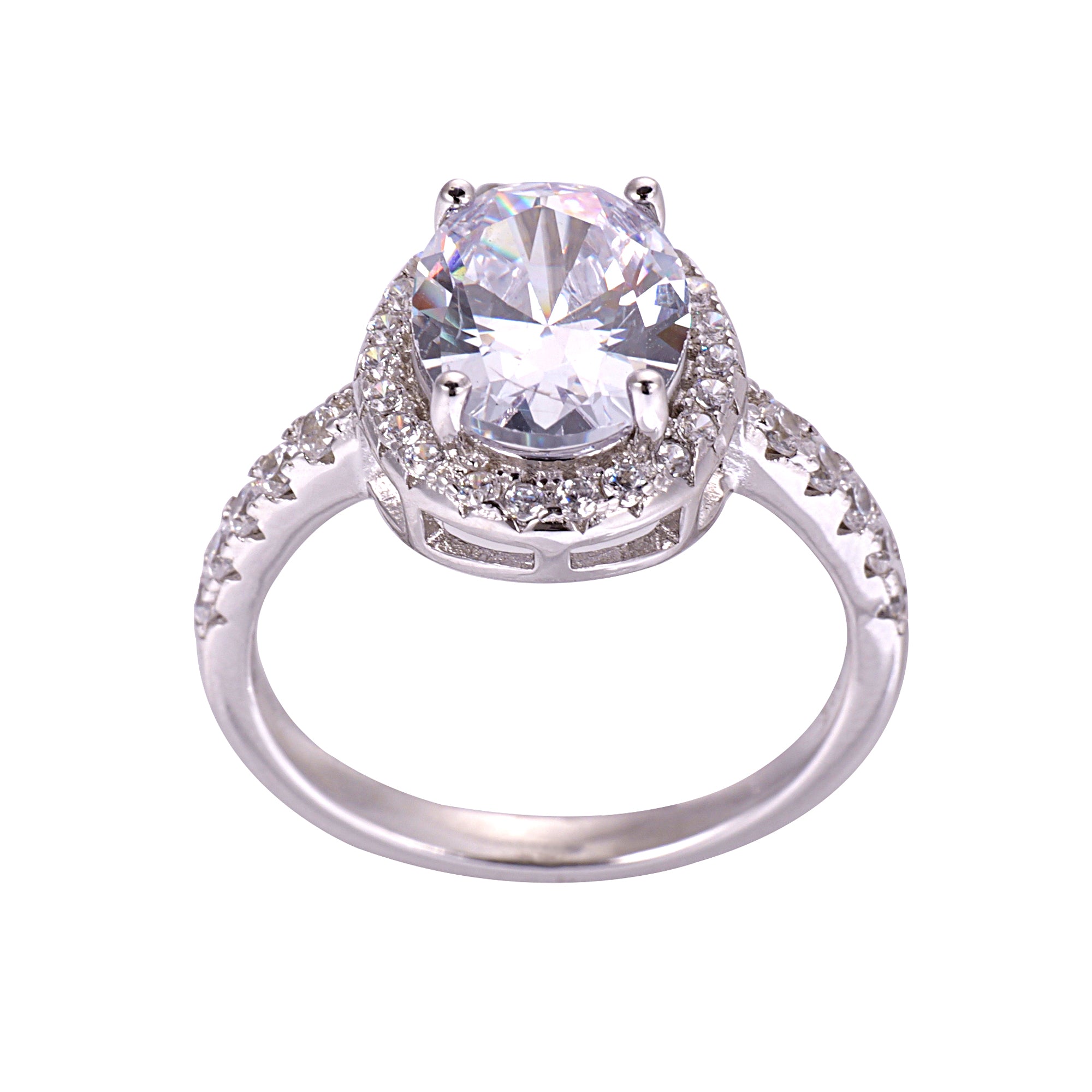 A sterling silver halo solitaire ring with an oval-cut cubic zirconia centerpiece and smaller stones around it.