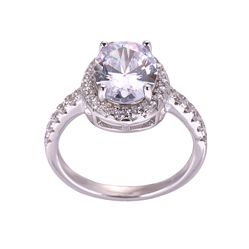 A sterling silver halo solitaire ring with an oval-cut cubic zirconia centerpiece and smaller stones around it.