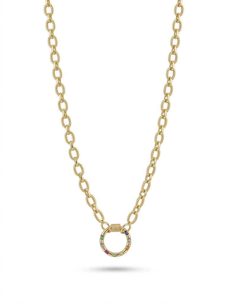 Multi-Color CZ Detachable Carabiner Circle Charm Necklace