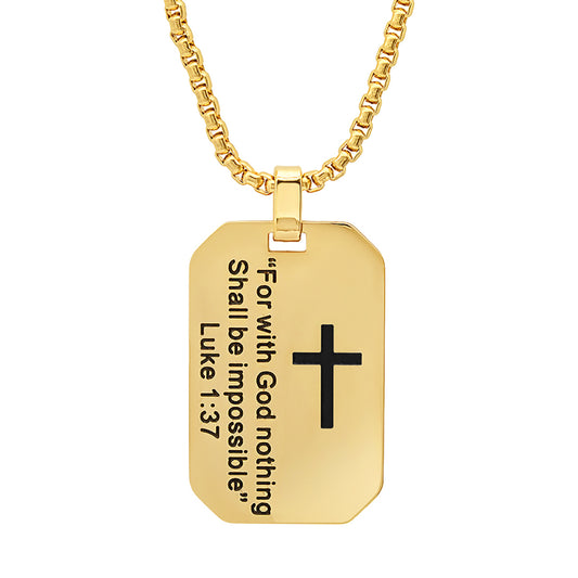 ROBUST Mens 18k Gold IP Stainless Steel "For with God nothing Shall be Impossible" Dog Tag Pendant Necklace with 20 inch Round Box chain