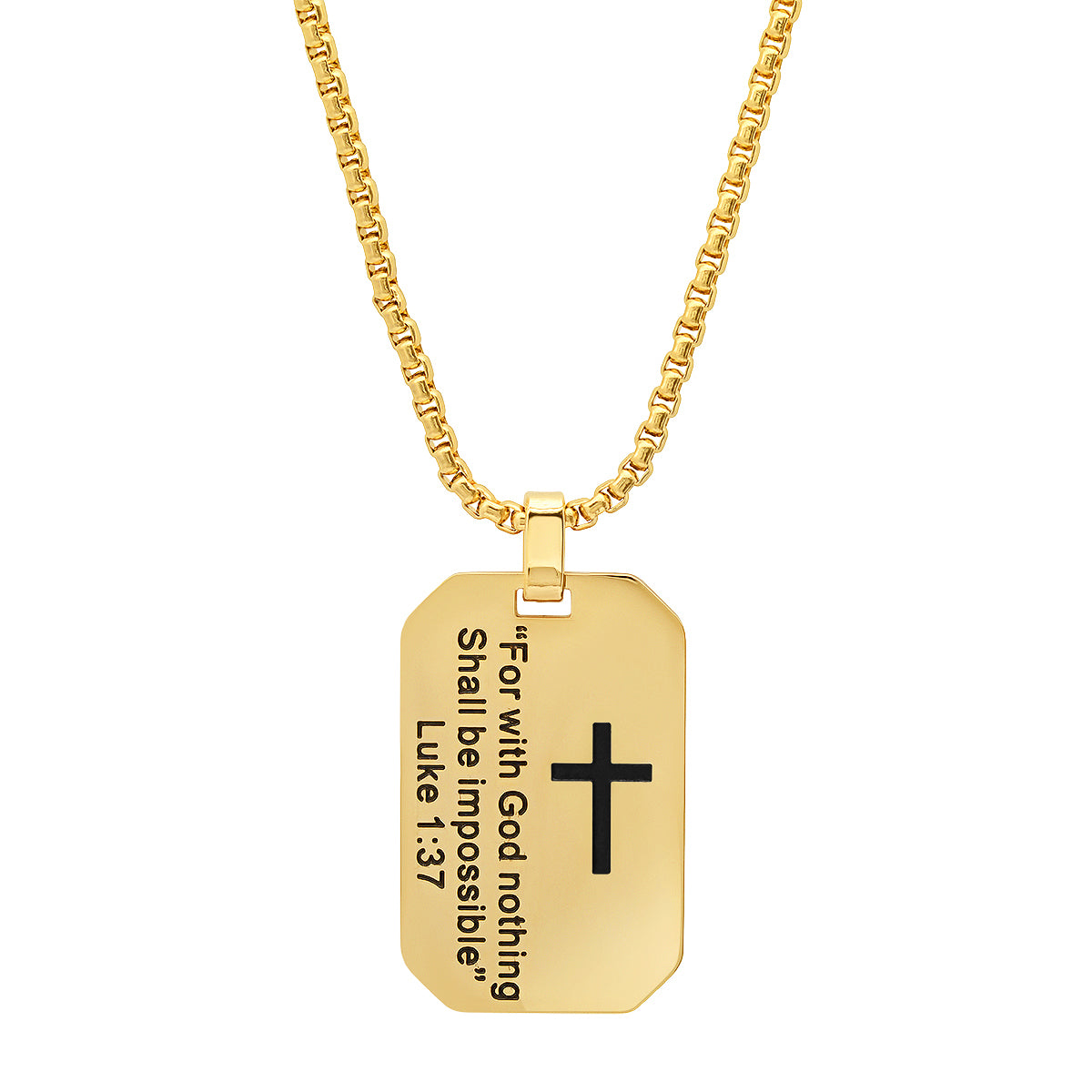 ROBUST Mens 18k Gold IP Stainless Steel "For with God nothing Shall be Impossible" Dog Tag Pendant Necklace with 20 inch Round Box chain