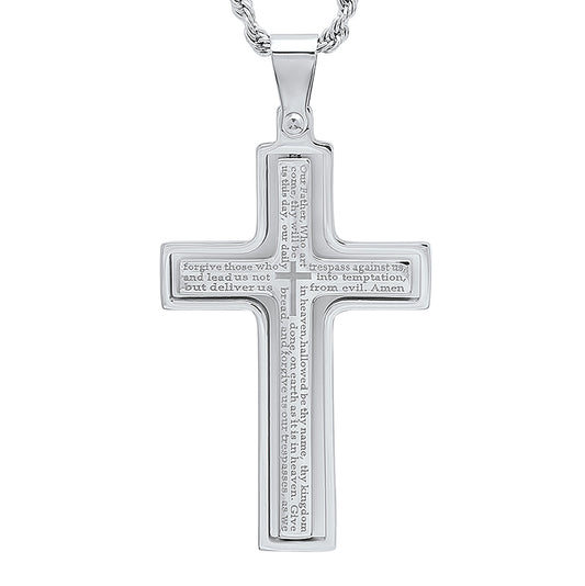 ROBUST Mens Stainless Steel Our Father Prayer Spinner Cross Pendant Necklace with 20 inch Rope Chain