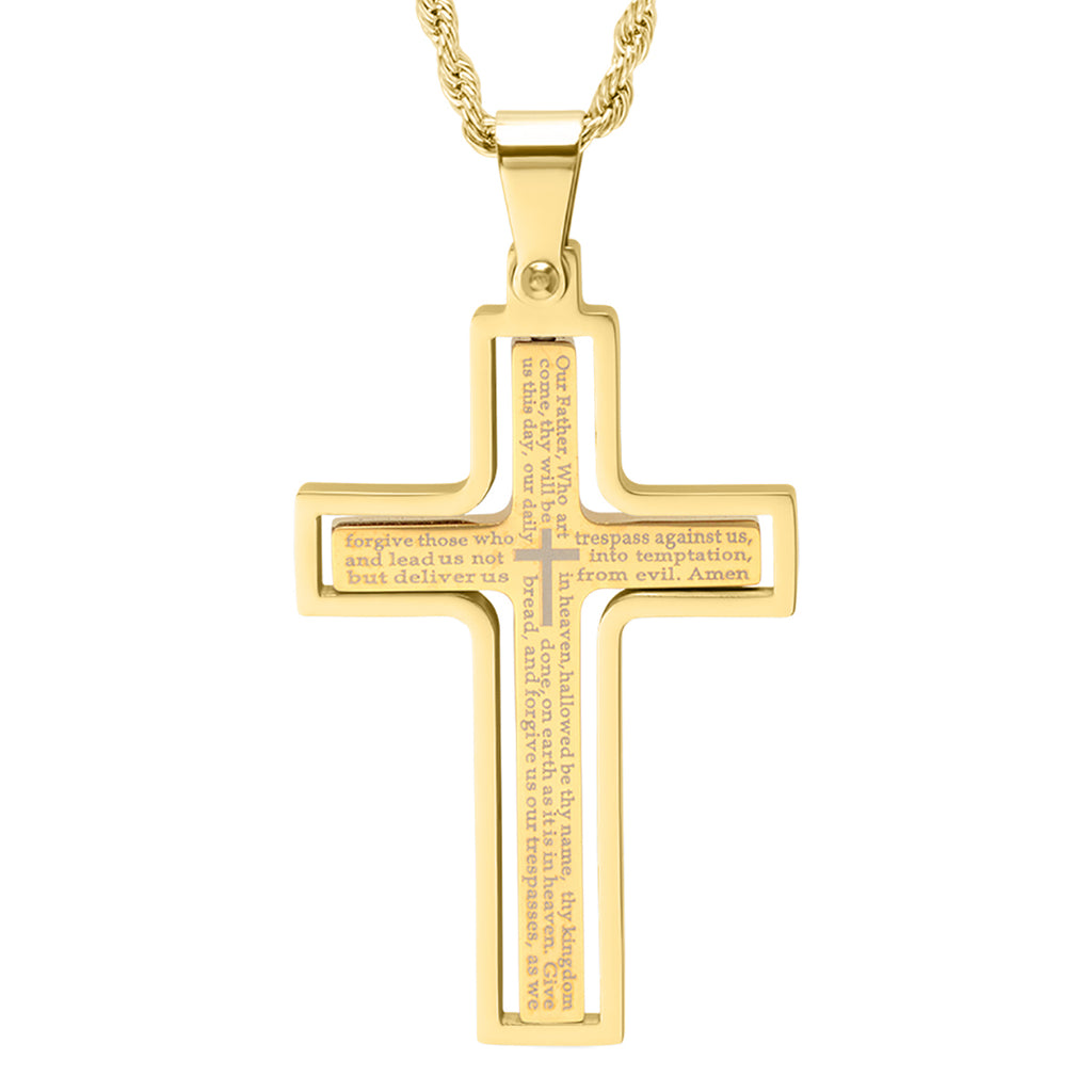 ROBUST Mens 18k Gold IP Stainless Steel Our Father Prayer Spinner Cross Pendant Necklace with 20 inch Rope Chain