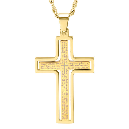 ROBUST Mens 18k Gold IP Stainless Steel Our Father Prayer Spinner Cross Pendant Necklace with 20 inch Rope Chain