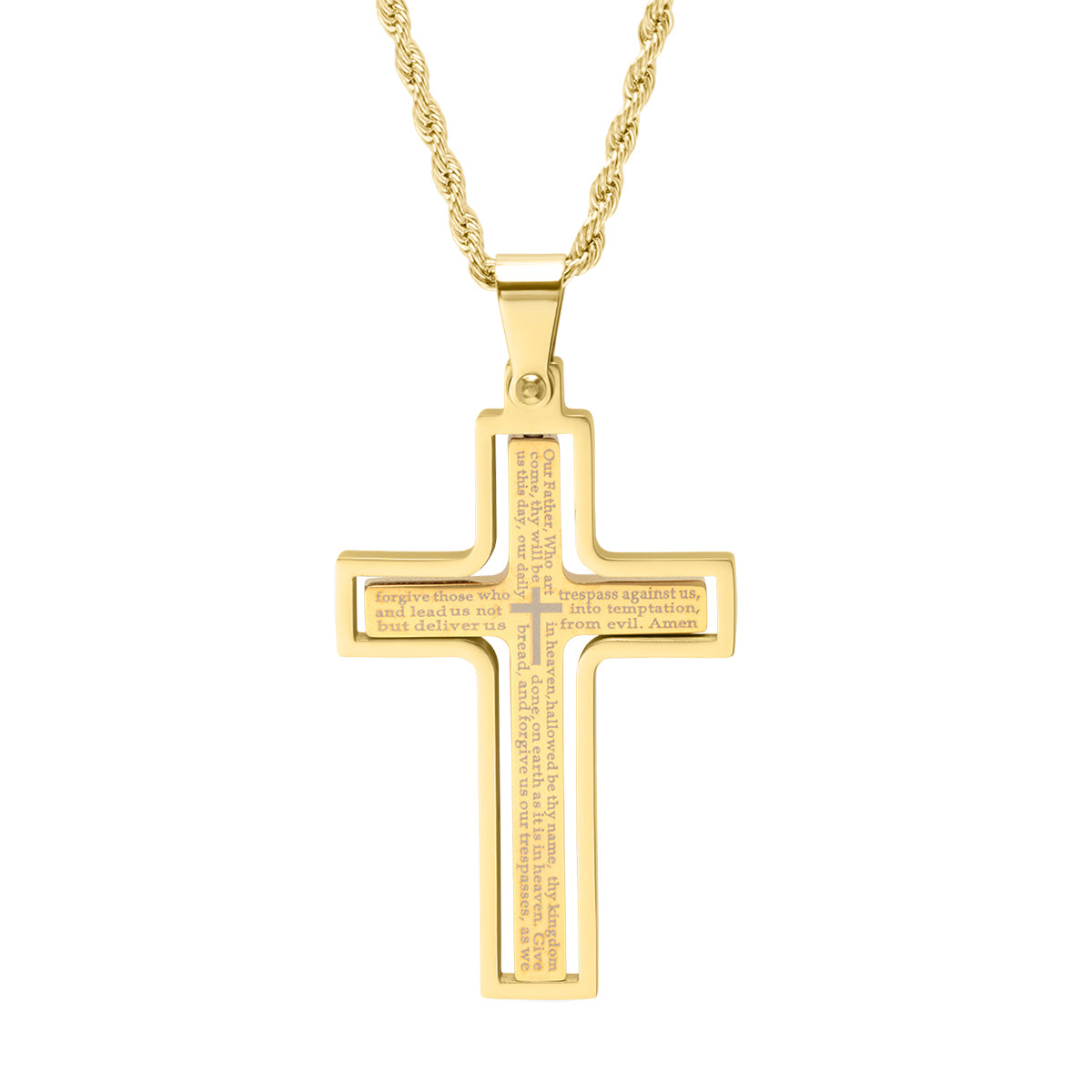 ROBUST Mens 18k Gold IP Stainless Steel Our Father Prayer Spinner Cross Pendant Necklace with 20 inch Rope Chain