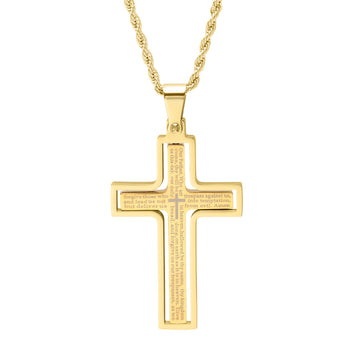 ROBUST Mens 18k Gold IP Stainless Steel Our Father Prayer Spinner Cross Pendant Necklace with 20 inch Rope Chain