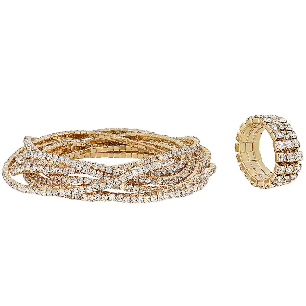 Set of 10 Sparkling Crystal Rhinestone Stacking Stretch Bracelets and one 3-Row Ring in Yellow Gold Overlay