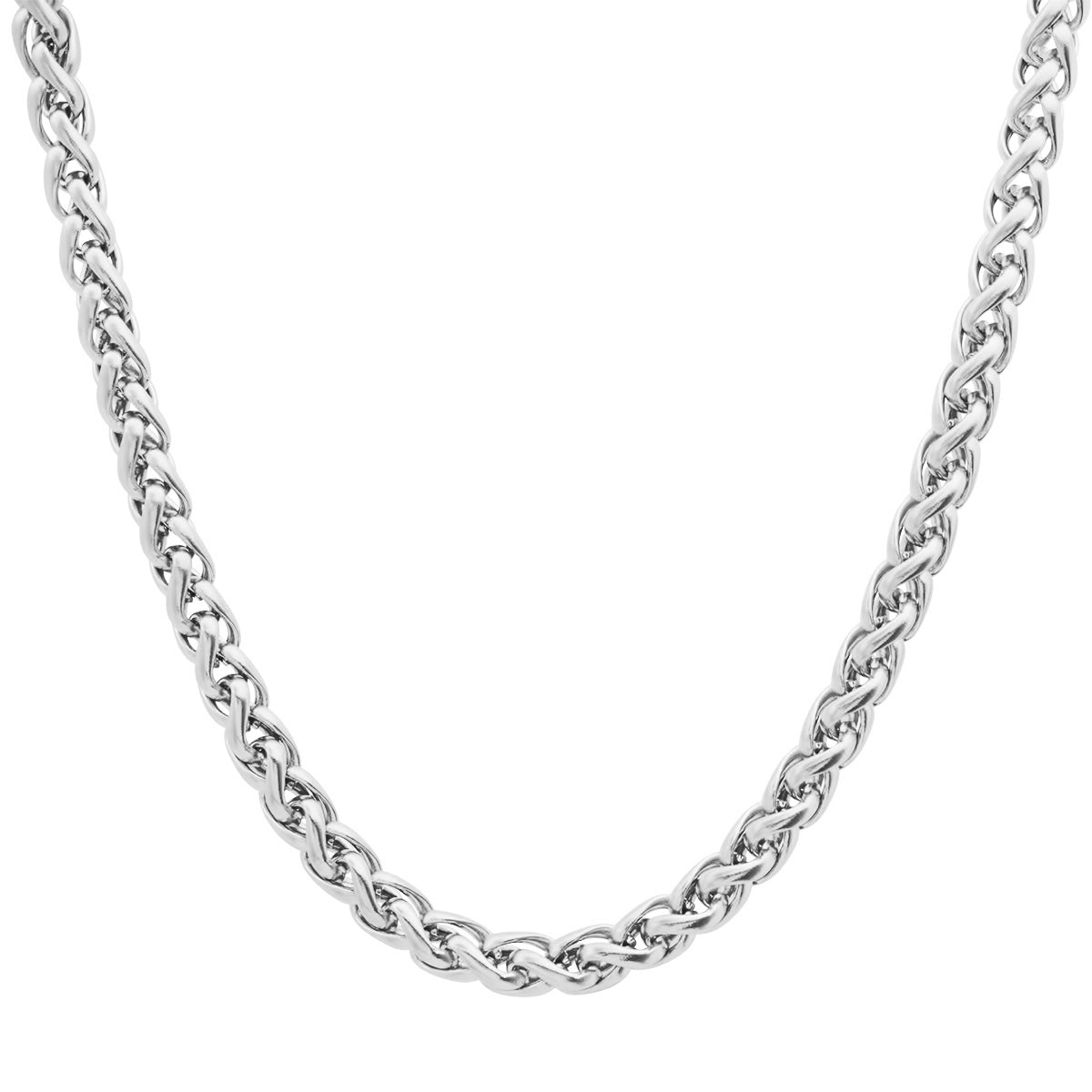 A 24-inch men's stainless steel wheat chain necklace with a lobster clasp.