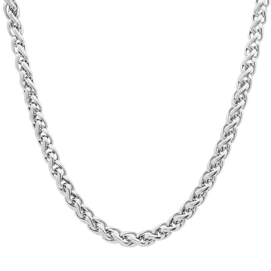 A 24-inch men's stainless steel wheat chain necklace with a lobster clasp.