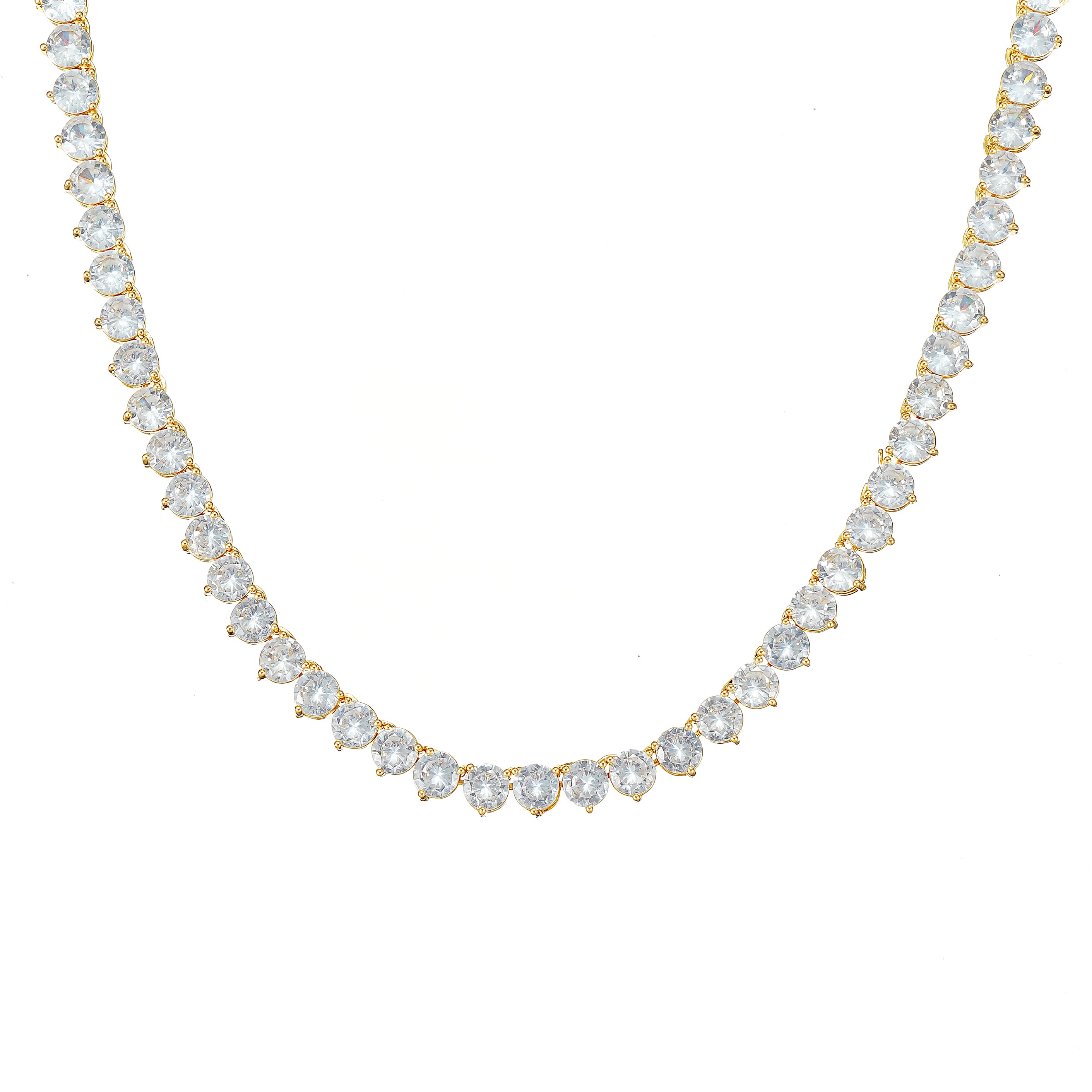 A gold-plated tennis necklace with round cut sparkling stones
