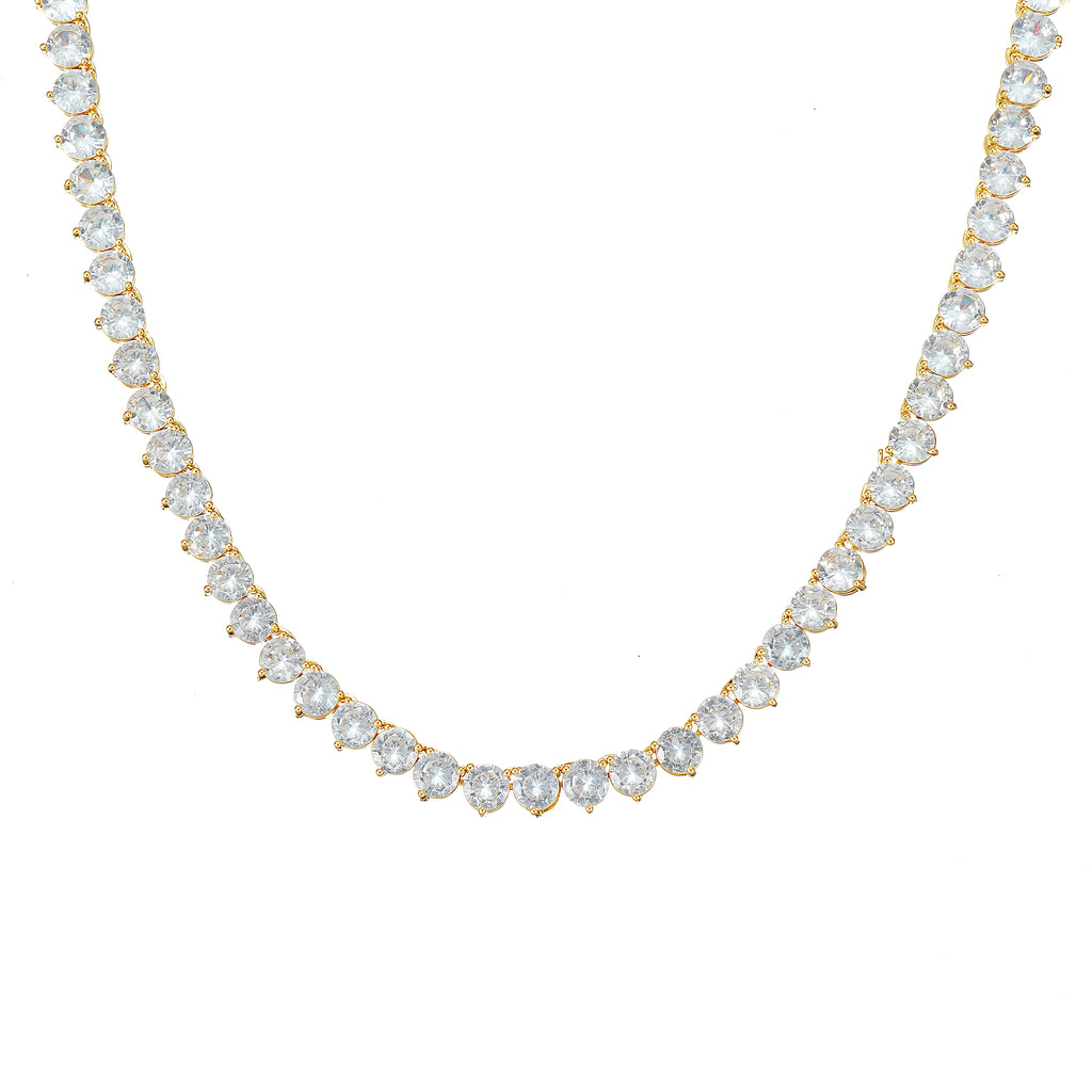 A gold-plated tennis necklace with round cut sparkling stones