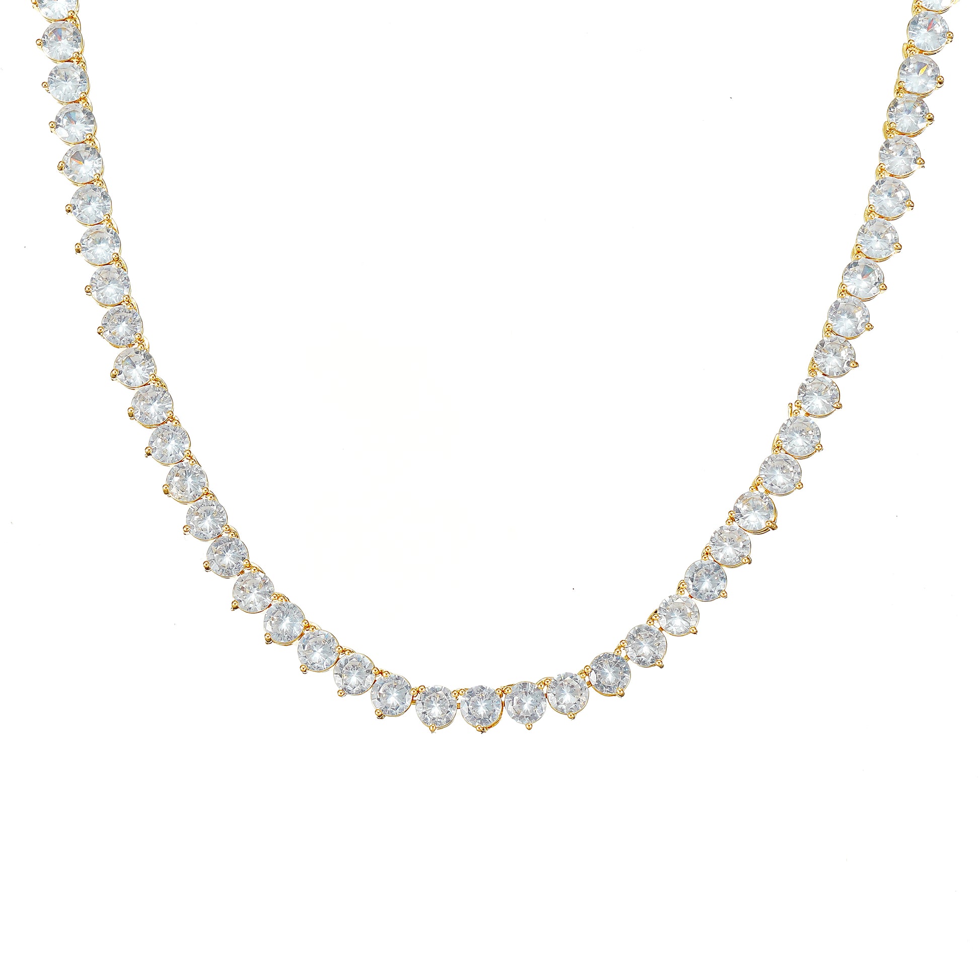 A gold-plated tennis necklace with round cut sparkling stones 