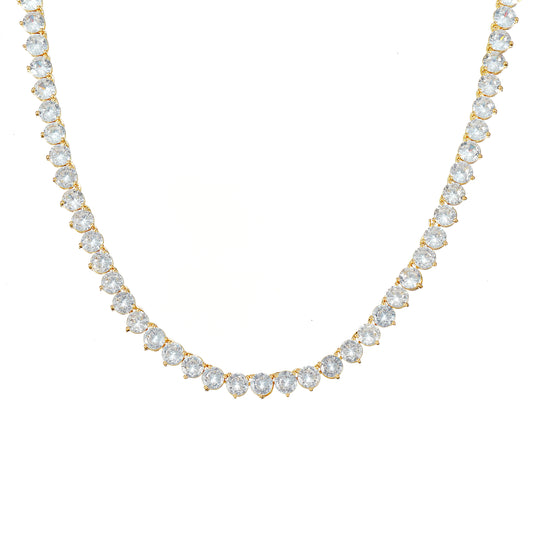 A gold-plated tennis necklace with round cut sparkling stones 