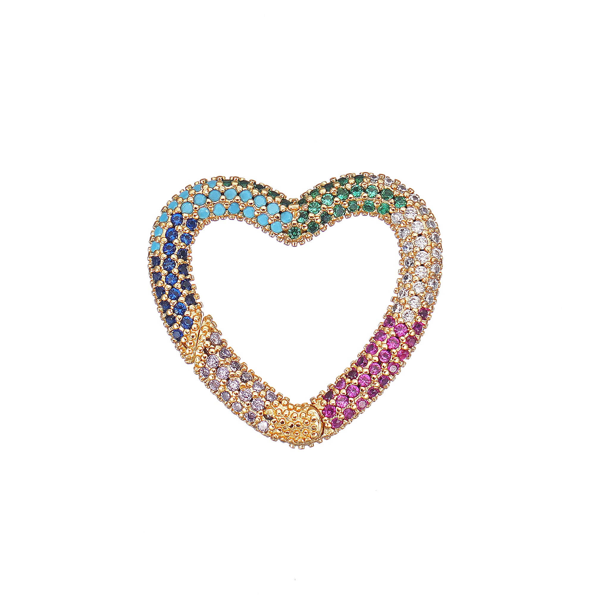 A heart-shaped carabiner charm enhancer with a simulated multi-gemstone pattern in yellow gold plating over brass.