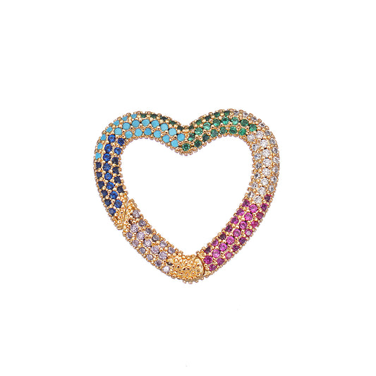 A heart-shaped carabiner charm enhancer with a simulated multi-gemstone pattern in yellow gold plating over brass.