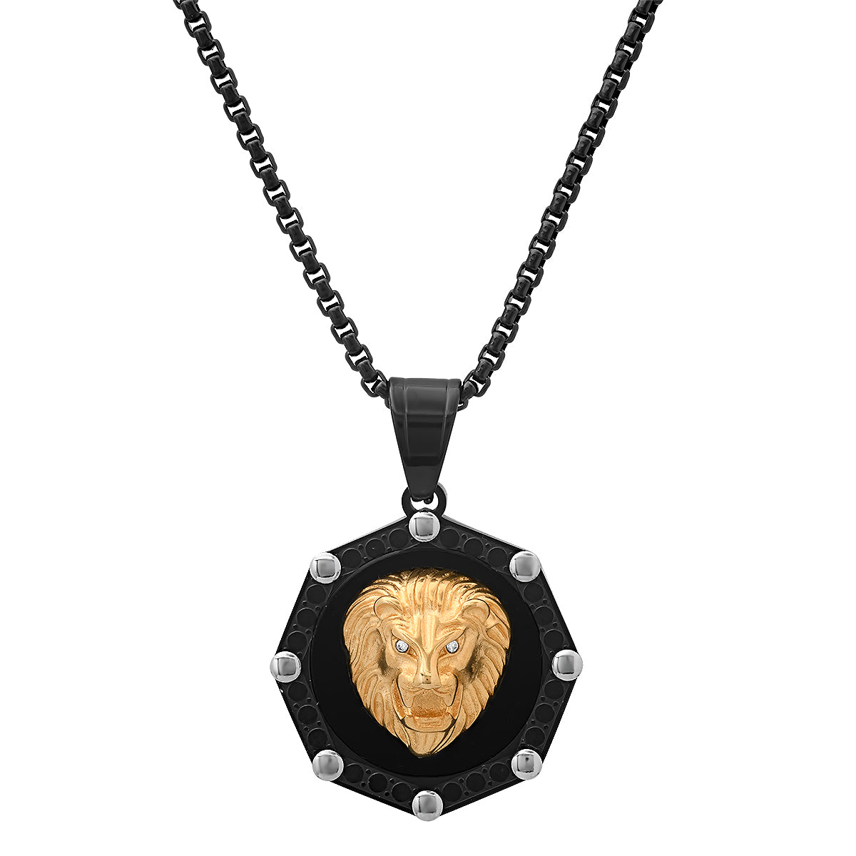 A men's 18k IP stainless steel lion head pendant necklace with a round box chain and simulated diamond accents.