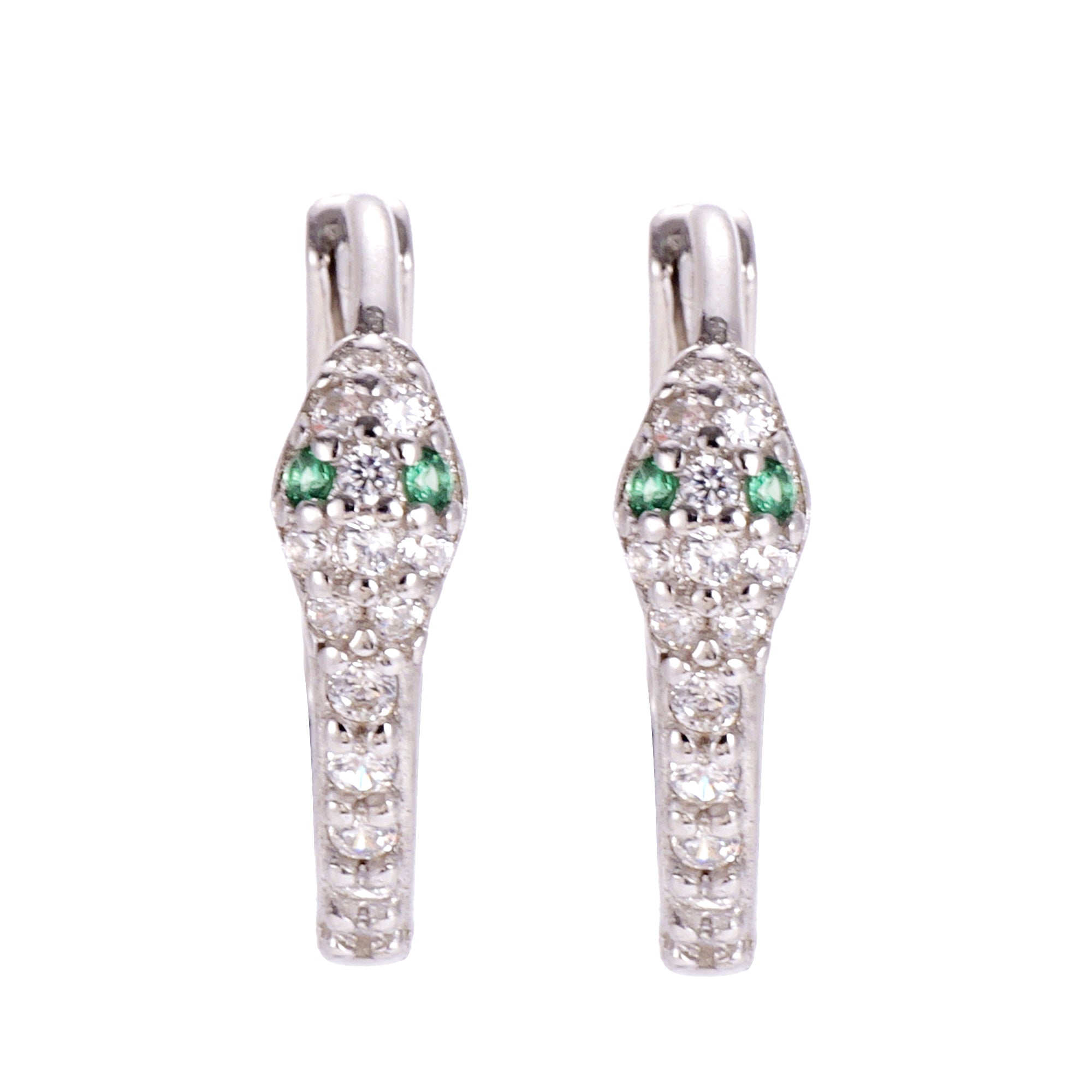 A pair of dainty snake-shaped hoop earrings made of sterling silver, adorned with sparkling CZ stones.