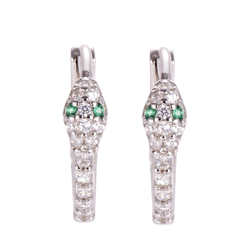 A pair of dainty snake-shaped hoop earrings made of sterling silver, adorned with sparkling CZ stones.