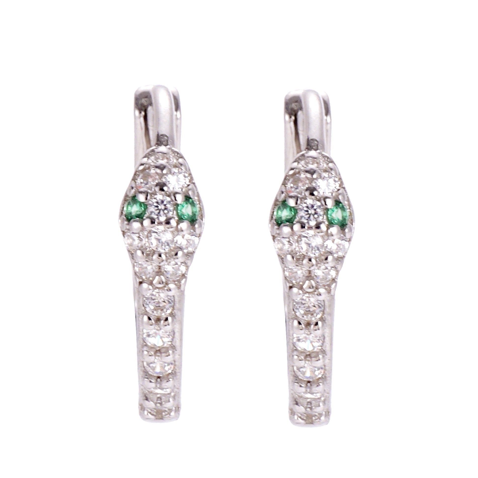 A pair of dainty snake-shaped hoop earrings made of sterling silver, adorned with sparkling CZ stones.