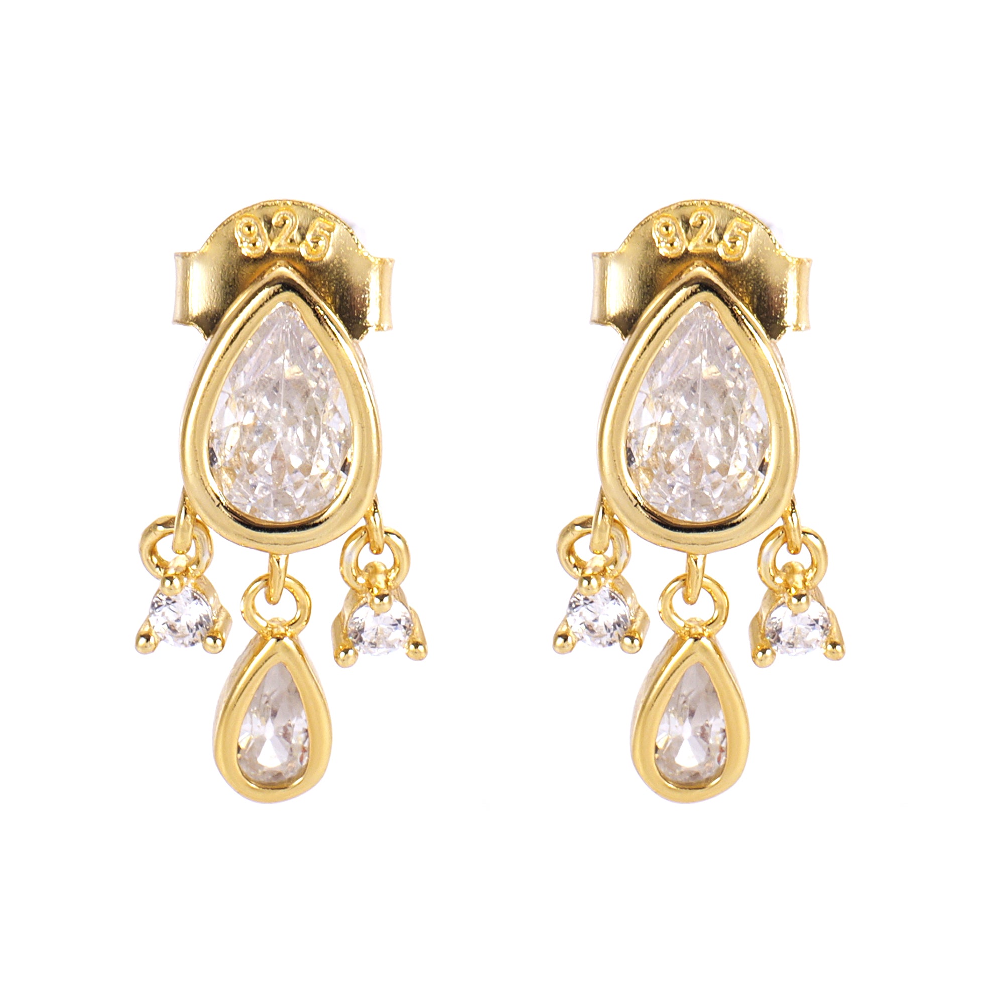 A pair of elegant dangle earrings with pear-shaped clear cubic zirconia stones set in gold-tone mountings.