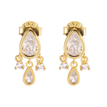A pair of elegant dangle earrings with pear-shaped clear cubic zirconia stones set in gold-tone mountings.